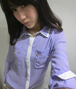 韩国女装网店代销 拼色星星装饰雪纺长袖衬衫