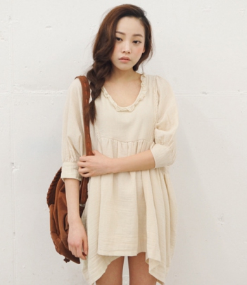 韩国女装代购 stylenanda木耳边高腰宽松娃娃衫