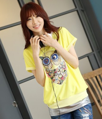 韩国女装品牌代理彩钻猫头鹰短袖T恤