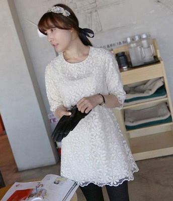 韩国女装网店代理 miamasvin纯色蕾丝花连衣裙