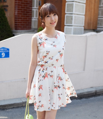韩国女装网站代理小清新燕子印花无袖雪纺连衣裙
