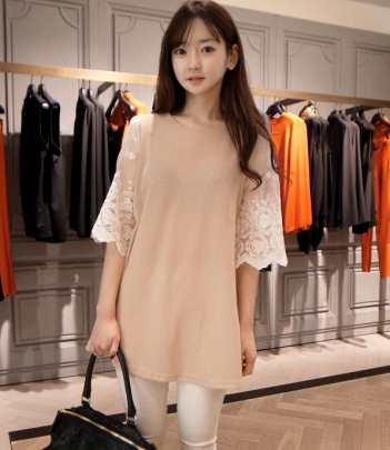 韩国服装网店代理minsshop蕾丝花边袖雪纺连衣裙
