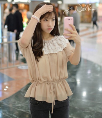 韩国女装网站代销cherrykoko蕾丝花边领娃娃雪纺衫