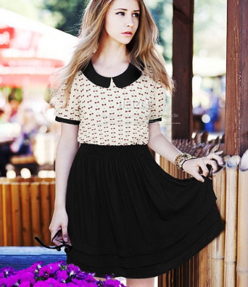 韩国女装网站代理欧美学院风娃娃领雪纺连衣裙