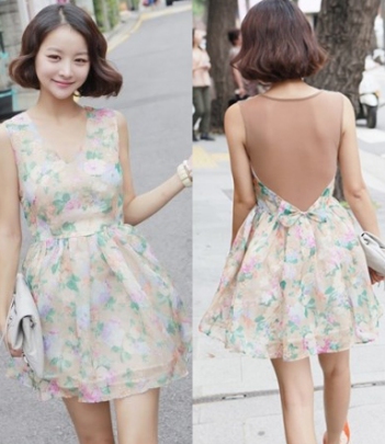 韩国女装代销 dda花朵拼接无袖背心雪纺连衣裙