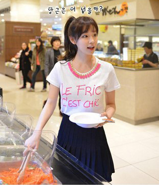 韩国服饰批发 cherrykoko荧光粉宝石字母短袖T恤