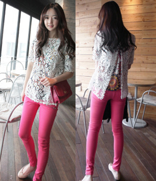 韩国服饰网 minsshop雪纺大花拼接勾花蕾丝衫