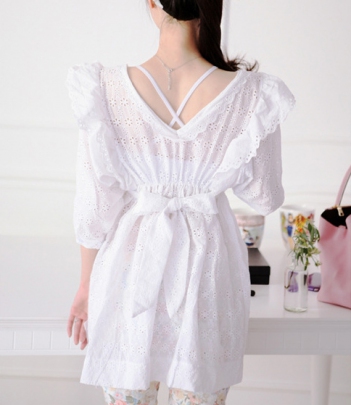 韩国女装代销 soo-a镂空花边白色棉质连衣裙