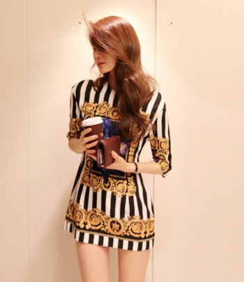 韩国女装网店代销 partysu 华丽复古名媛风竖条纹连衣裙