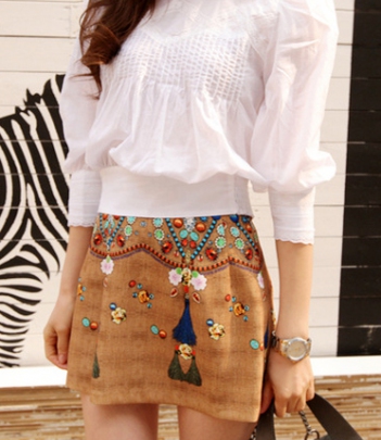 韩国服装网店代销 partysu民俗印花半身短裙
