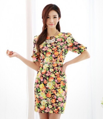 韩国服饰批发网店代理扎染大花腰带修身连衣裙