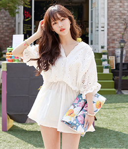 韩国品牌女装代销cherry-spoon镂空花朵收腰连衣裙