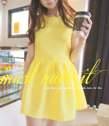 韩国女装代购新款minsshop奶油黄立体花朵无袖连衣裙