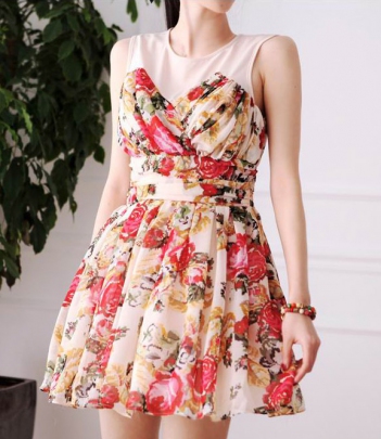 韩国女装网店代销soo-a透肤拼接雪纺大花高腰连衣裙