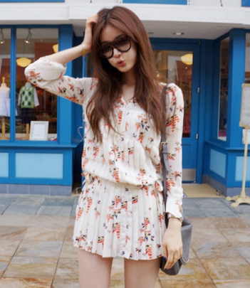 韩国品牌女装代购partysu百褶雪纺收腰连衣裙