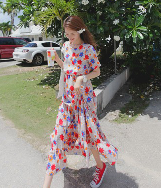 韩国服饰代购partysu可爱花朵雪纺连衣长裙