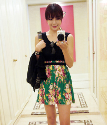 韩国女装代购dda高腰拼接款大花连衣裙