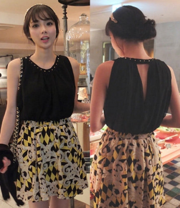 韩国女装网店代销dda铆钉露背拼接款连衣裙