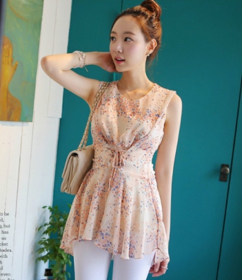 韩国女装代购fiona碎花无袖雪纺连衣裙