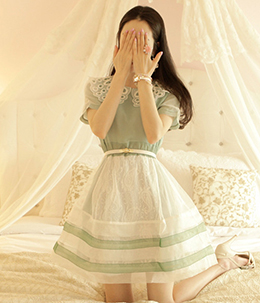 韩国服饰品牌网店代销soo-a蕾丝花边腰带装饰雪纺连衣裙