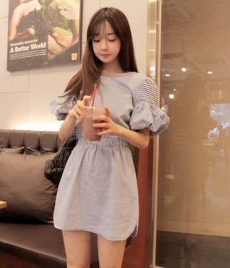 韩国女装网店代销minsshop公主袖纯色连衣裙