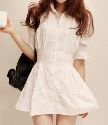 韩国服饰批发partysu气质纯色收腰大摆衬衫式连衣裙（黑白2色）