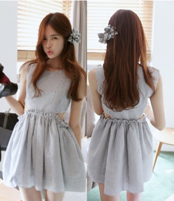 韩国女装网店代理partysu细条纹露背无袖连衣裙