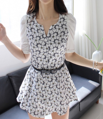 韩国服饰批发网店代理pinkshirts蝴蝶结腰带花朵连衣裙