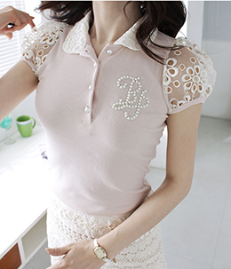 韩国女装网站代销pinkshirts亮钻钉珠装饰勾花泡泡袖T恤
