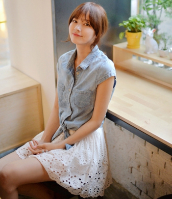 韩国女装批发cherrykoko蝴蝶结系带翻领牛仔衬衫