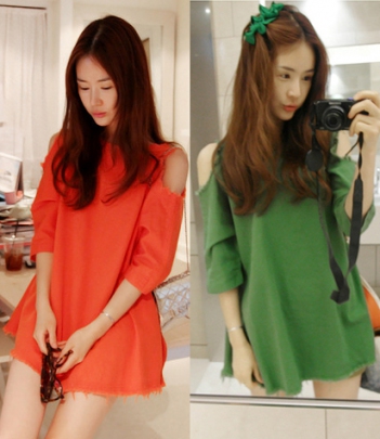 韩国女装批发partysu纯色做旧毛边宽松露肩连衣裙