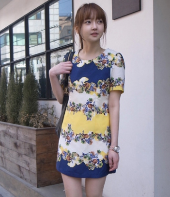 韩国女装网店代销minsshop复古花朵撞色雪纺连衣裙