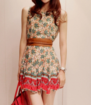 韩国服装网站代销partysu编织腰带花朵印花撞色雪纺连衣裙