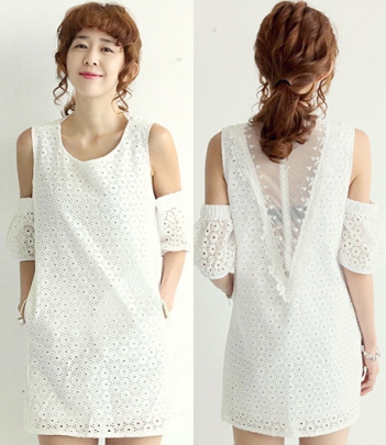 韩国服饰网 naning9露肩蕾丝镂空花朵连衣裙