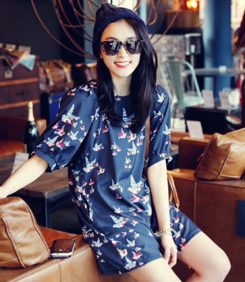 韩国服饰品牌网店代销 气质款印花宽松连衣裙