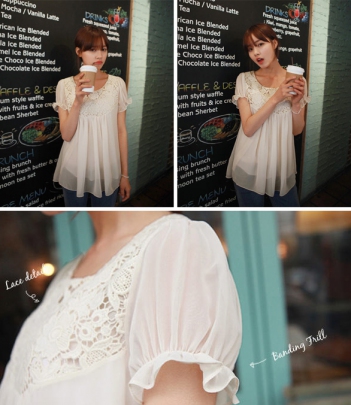 韩国女装春夏热款 cherrykoko花苞袖勾花雪纺娃娃衫