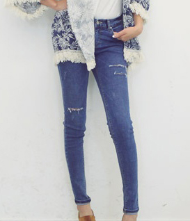 韩国女装品牌代理stylenanda磨破抓纹显瘦小脚牛仔长裤