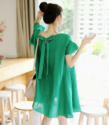 韩国品牌女装代购soo-a蝴蝶结荷叶边袖宽松连衣裙