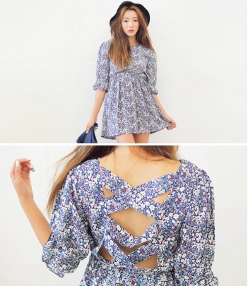 韩国服装网店代销stylenanda碎花镂空露背高腰连衣裙