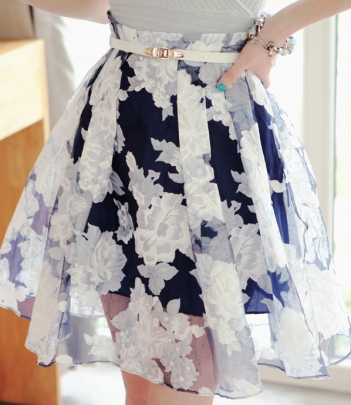 韩国品牌女装代销soo-a气质透视大花高腰大摆半身短裙