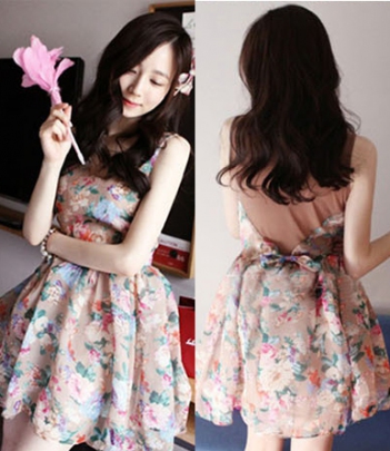 韩国女装网店代销人气款~背部透视蝴蝶结大碎花雪纺连衣裙