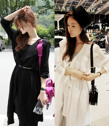 韩国服饰品牌网店代销partysu气质纯色蝴蝶结收腰雪纺风衣