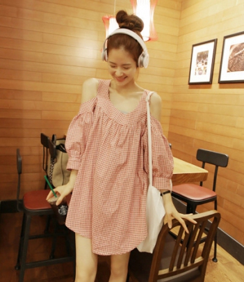 韩国女装网店代销partysu露肩露背宽松小格子连衣裙