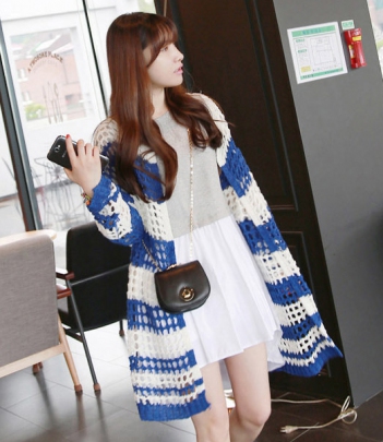 韩国女装网店代理miamasvin撞色粗条纹镂空针织开衫