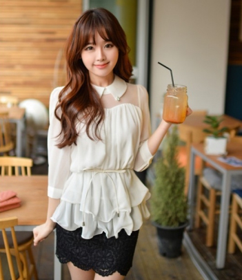 韩国女装网店代理 bongjashop水钻木耳边拼接透肤款雪纺衫