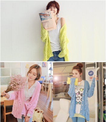 韩国服饰网 naning9马卡龙色麻花编织镂空针织开衫（3色）
