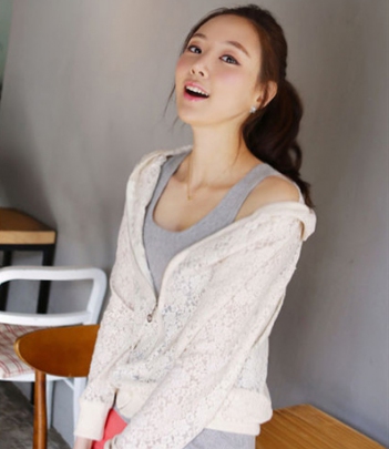 韩国女装网站代理fiona裸色蕾丝连帽衫