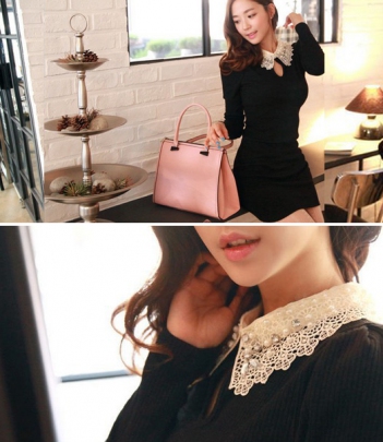 韩国女装代销 水钻珍珠花边领修身连衣裙