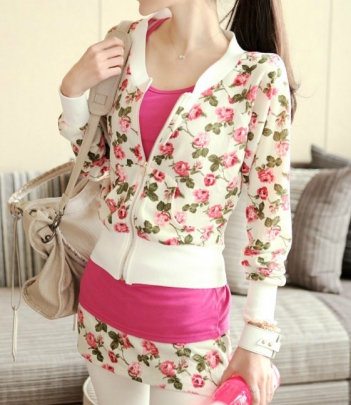 韩国服饰批发 soo-a玫瑰休闲三件套（开衫+短裙+打底背心）