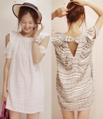 韩国女装网店代理 partysu蝴蝶结露背露肩连衣裙（2色）